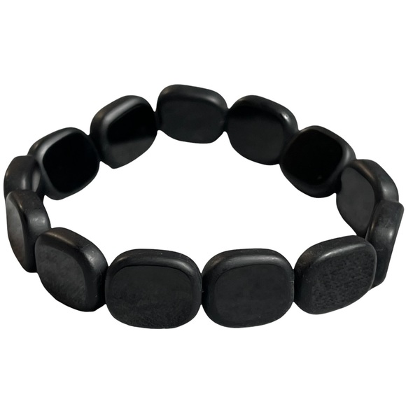 Black square-ish retro jet window glass stretchy beaded bracelet. NEW - Picture 1 of 5
